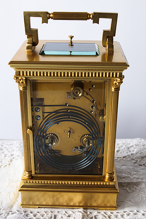 Giant French Carriage Clock with Corinthian columns. Engravings: Made in France - showing an Arrow.